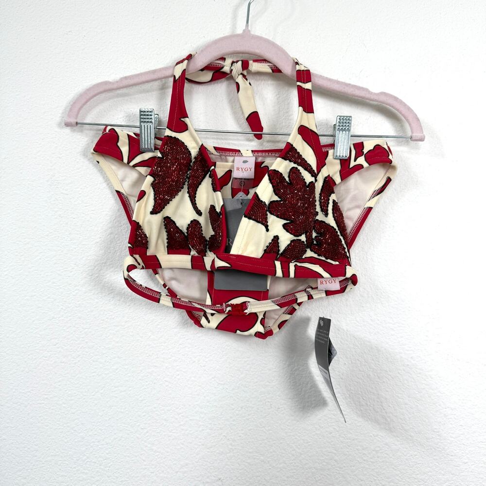 RYGY Red Cream Beaded Bikini Set Halter Top Size 8 & Bottoms L NWT Resort Swim